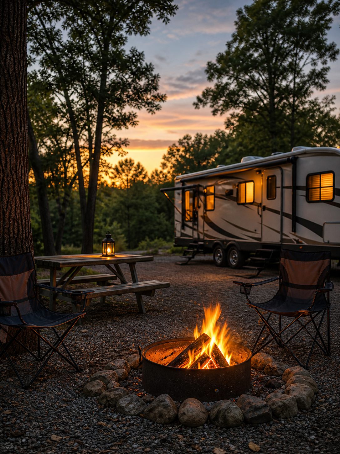 Cozy evening campsite with campfire