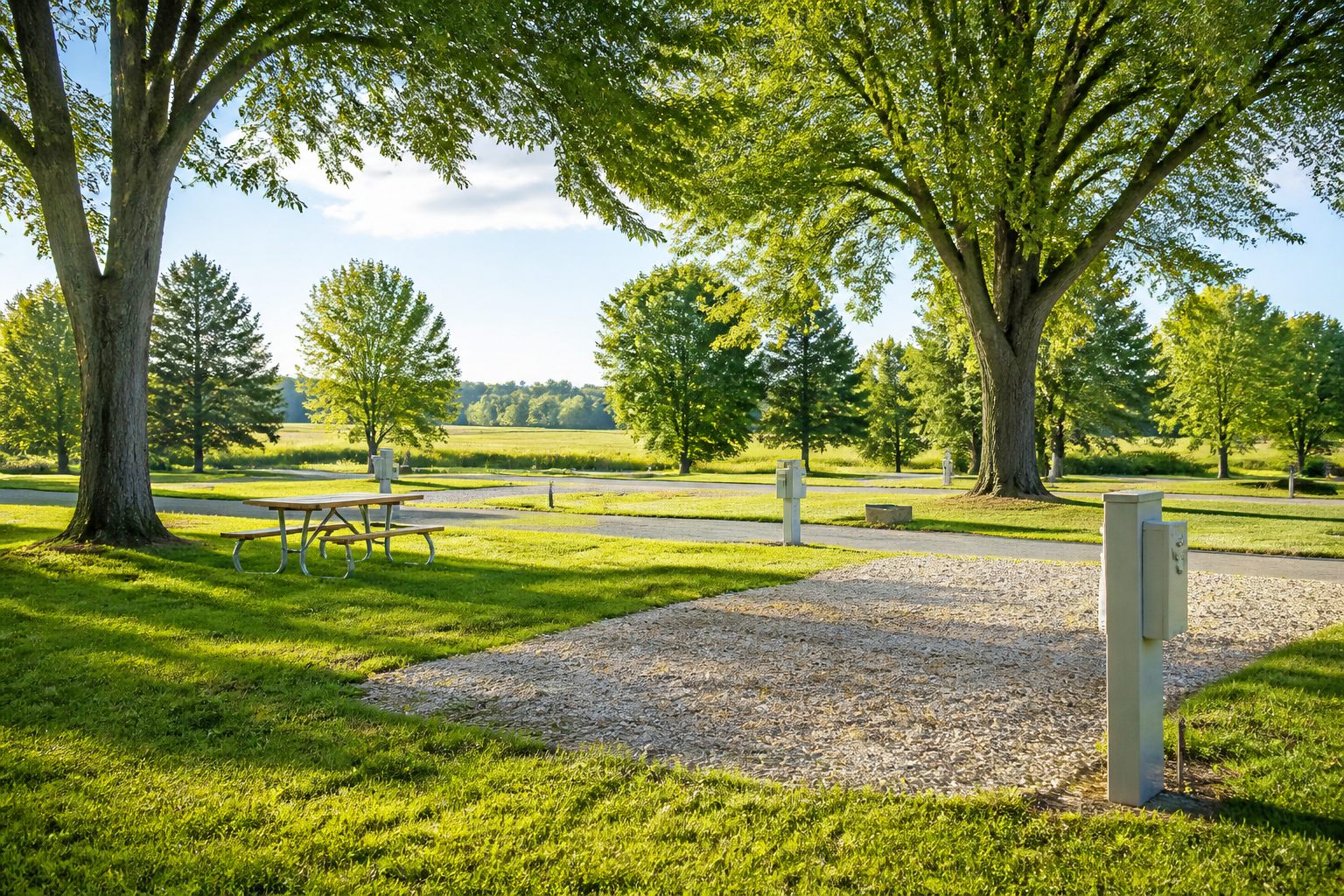 Clean RV campsite with grass, trees, and gravel pad